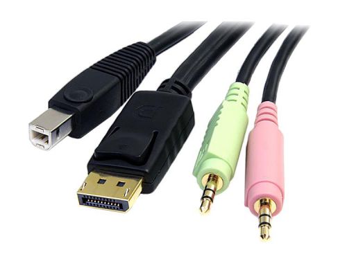 The DP4N1USB6 6ft 4-in-1 USB DisplayPort® KVM Switch Cable (w/ Audio & Microphone) integrates DisplayPort video quality with USB mouse and keyboard, 3.5mm audio out and microphone connections into a single compact cable.This high-quality, convenient 4-in-1 KVM cable is a cost-effective solution that's suitable for use with any DisplayPort supported USB KVM switch, allowing you to share display and USB peripherals between multiple computers configured for high definition output.Backed by a StarTech.com Lifetime Warranty.