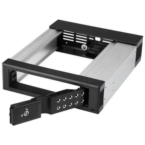 8STHSB1SATSASBA | This removable hard drive hot-swap bay makes it easy to swap 3.5” SATA or SAS drives in and out of your server or desktop computer, using an available 5.25” front drive bay. It features a trayless design that saves you installation time and enables you to insert or remove drives as needed, creating a convenient solution for drive maintenance and interchangeability of data between multiple systems.Hot-swap drives easilyThis hot-swap bay/mobile rack is ideal for IT professionals, such as system administrators or computer operators, for quickly swapping, replacing, or transporting drives between various systems and locations. With support for both SATA and SAS 3.5” drives, it saves valuable time in environments where storage drives need to be replaced or removed regularly, such as in server rooms and data centres.Valuable drive protectionThe hot-swap bay provides a protective backplane with a durable aluminium housing that offers ventilation to ensure proper air flow and heat dissipation. To safeguard your data, you can lock the drive bay door to prevent unauthorized access to your drive. Fast data transfersTo maximize the speed and performance of your drives, the mobile rack supports SAS I and II and SATA I, II and III, providing data transfer speeds up to 6Gbps when paired with a compatible controller.The HSB1SATSASBA is backed by a StarTech.com 2-year warranty and free lifetime technical support.