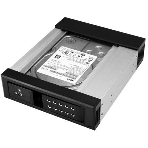 8STHSB1SATSASBA | This removable hard drive hot-swap bay makes it easy to swap 3.5” SATA or SAS drives in and out of your server or desktop computer, using an available 5.25” front drive bay. It features a trayless design that saves you installation time and enables you to insert or remove drives as needed, creating a convenient solution for drive maintenance and interchangeability of data between multiple systems.Hot-swap drives easilyThis hot-swap bay/mobile rack is ideal for IT professionals, such as system administrators or computer operators, for quickly swapping, replacing, or transporting drives between various systems and locations. With support for both SATA and SAS 3.5” drives, it saves valuable time in environments where storage drives need to be replaced or removed regularly, such as in server rooms and data centres.Valuable drive protectionThe hot-swap bay provides a protective backplane with a durable aluminium housing that offers ventilation to ensure proper air flow and heat dissipation. To safeguard your data, you can lock the drive bay door to prevent unauthorized access to your drive. Fast data transfersTo maximize the speed and performance of your drives, the mobile rack supports SAS I and II and SATA I, II and III, providing data transfer speeds up to 6Gbps when paired with a compatible controller.The HSB1SATSASBA is backed by a StarTech.com 2-year warranty and free lifetime technical support.