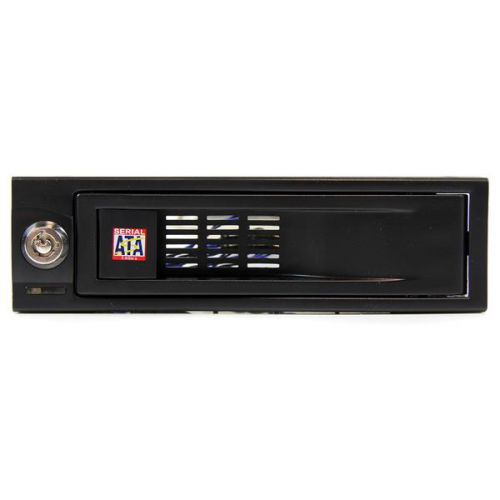 8STHSB100SATBK | This 3.5in SATA hard drive hot-swap bay allows you to install a 3.5in SATA drive in an available/unused 5.25in drive bay. To remove the drive, it's as simple as opening the front panel door; to re-insert a drive, simply insert the drive (connector first) until the door closes.The hot swap bay offers a trayless design that makes it the ideal solution for quick and easy drive removals and insertions as part of a system building process, or integration into rackmount systems or industrial environments.To maximize performance and utilize the full speed potential of your SATA III hard drives, this HDD Backplane supports SATA III for transfer speeds up to 6 Gbps when paired with a compatible controller.Also a perfect addition for operating system image deployment and any task that requires being able to quickly access large volumes of data on the fly, the hot swap bay provides everything you need to expedite important projects while maintaining a reliable storage solution.With support for SATA HDD speeds up to 6.0 Gbps, the mobile rack/backplane is fully compatible with RAID installations to ensure maximum performance and versatility for enhanced storage applications.Designed to provide a durable and reliable operating experience, the mobile rack features a 50,000+ insertion rating and is backed by StarTech.com's 2-year warranty.