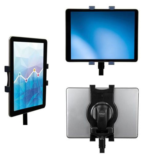 This adjustable tablet tripod stand is perfect for delivering presentations. The stand fits tablets ranging in size from 6.5 to 7.8in in width and up to 0.45in in thickness. Use it with your Apple iPad or other compatible tablet.This TAA compliant product adheres to the requirements of the US Federal Trade Agreements Act (TAA), allowing government GSA Schedule purchases.Perfect for Presentations.The tablet stand lets you use your tablet to deliver powerful presentations, while you stay focused on your audience and the content you’re delivering. You can use your tablet as a visual cue or teleprompter, without having to hold it or repeatedly look down at it while you’re speaking.Adjustable Height and Viewing Angle.Use the tripod while you’re sitting or standing. The height is easy to adjust - from 29.3 to 62in (74.5 cm to 157.5 cm). You can also rotate the tablet 360 degrees to change from landscape to portrait position and tilt the screen to your preferred viewing angle. Plus, the tablet holder is detachable, with quick-swap attachments that let you remove the tablet from the stand and place it back in at any time.Portable Tablet Tripod Stand.The tripod folds up nicely and comes in a handy carrying bag for portability. Setup is easy - just extend the collapsible tripod stand to the height you need, lock it in place, and mount your tablet.Other Applications.Shoot videos or photos with no camera shakeGive lecturesPortable displaysTradeshow kioskSTNDTBLT1A5T is backed by a 2-year StarTech.com warranty and free lifetime technical support.