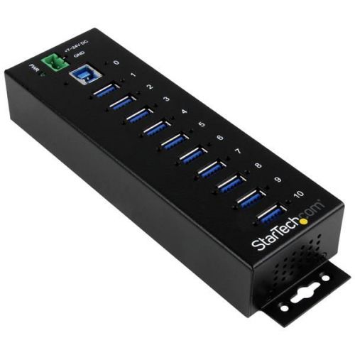 This TAA compliant 10-port industrial USB 3.0 hub gives you the scalability you need in harsh industrial environments, product and repair labs, conference rooms or office workstations. With its rugged industrial grade metal housing, it is designed to meet the advanced requirements of connecting a high number of devices in factories and office environments.Perfect for Harsh Environments.This industrial USB hub delivers reliable performance with a metal, heavy-duty housing. It supports wide-range 7-24V DC terminal block input, giving you the flexibility to power the hub as required, based on your own power input capabilities.Perfect for factory environments, the rugged hub also supports a wide operating temperature range (0°C to 70°C) and offers surge and ESD protection to each USB port, which can help prevent damage to your connected devices. Connect & Charge More USB Devices.Designed for a high volume of connections, this robust USB 3.0 hub offers ten connection ports, for connecting more USB devices and peripherals.The hub also supports USB battery charging specification 1.2, delivering up to 2.4A on any port to a maximum of 50W total, so you can charge your mobile devices faster than traditional USB ports allow.Locate the Hub Where You Need it Most.With versatile installation options, you can install the hub where it’s best suited for your environment. With built-in mounting brackets and included DIN mount rails, you can securely mount the USB 3.0 hub to most surfaces such as a wall, under a desk or rack.Works With Your Older USB Devices.The rugged USB hub supports the full 5Gbps bandwidth of USB 3.0 and is backward compatible with previous USB devices. You can connect your legacy USB 3.0 and 1.x peripherals alongside your newer USB 3.0 devices without any disruptions.The ST1030USBM is backed by a StarTech.com 2-year warranty and free lifetime technical support. 