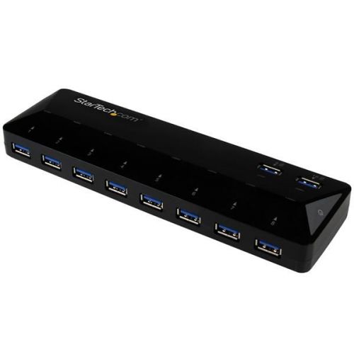 Add ten USB 3.0 ports, including two charging downstream ports, to your computer.This 10-port USB 3.0 hub enhances your system’s capabilities by providing fast-charging for mobile devices, plus quick access to your USB devices, making it perfect for business or home-office settings.Fast-charge your mobile devices.As a charging station, the hub features two easy-access 1.5 amp charge-and-sync ports, so you can easily fast-charge your smartphones, tablets and other mobile devices. Plus, you can still connect all of your vital peripherals to the remaining data ports. Because the hub supports USB Battery Charging Specification 1.2, you can charge most mobile devices, including Apple devices and Android™ devices such as the Samsung Galaxy™.Increase your productivity with ten USB 3.0 ports.Designed for maximum scalability, this 10-port hub boosts your productivity by putting all of your USB devices within easy reach. With USB 3.0 transfer rates up to 5Gbps, it supports high-bandwidth devices such as external hard drive enclosures, flash drives, high-resolution webcams, video cameras, and more.Designed for easy use.With its sleek and compact design, you can easily position the USB 3.0 (also known as USB 3.1 Gen 1) hub on your desk or workspace to make your USB devices more accessible. There’s also ample space between the USB 3.0 ports, so it’s easy to plug and unplug the devices you use the most.The USB 3.0 hub is multi-platform compatible and is natively supported in virtually all operating systems including Windows® and Mac, which makes for an easy setup with no driver installation required.The ST103008U2C is backed by a StarTech.com 2-year warranty and free lifetime technical support.