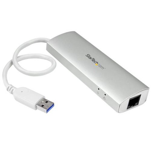 Add three USB 3.0 ports (5Gbps) and a GbE port to your MacBook, using this silver, Apple style hub with an extended-length cable.Here’s a must-have accessory for your MacBook. This portable USB 3.0 hub merges your USB peripheral and RJ45 network connections into a single, convenient combination hub. It gives you two vital connection types that are often missing from modern, port-limited laptops.This silver, sandblasted USB hub matches the finish of your MacBook, and because it features a solid-aluminium casing that’s both lightweight and rugged, it’s perfect for travel usage. It also integrates a lengthier, 27 cm (10.5 in) cable, so you have the flexibility to place the hub, your devices, and your network connection, exactly where you need them.Looks great while expanding your connectivity.This high-quality, Apple style USB hub features a Gigabit Ethernet port, giving you an easy way to expand your MacBook connectivity. And because the hub integrates a Gigabit Ethernet port, you can add wired network connectivity to your laptop in a location where Wi-Fi® is unreliable or unavailable.The hub’s built-in USB cable has sufficient length to reach your laptop’s USB 3.0 port, regardless of where the port is located.Plus, the stylish hub features three USB 3.0 (also known as USB 3.1 Gen 1) ports in a compact housing. And, its silver, sandblasted finish provides a unique and trendy look when compared to traditional hubs.Portable and rugged.The hub features a rugged yet lightweight housing, so there’s no need to sacrifice dependability for portability. With its compact, USB-powered design and a built-in USB cable, you can tuck the combination hub neatly into your travel bag, and avoid the nuisance of carrying multiple separate adapters.This USB 3.0 hub is perfect for travel, such as back-and-forth trips from home to office. Plus, the compact hub takes up minimal space on a desk, so you can use it in hot-desk or BYOD (Bring Your Own Device) environments.Save money and time.This bus-powered USB hub installs quickly and easily, and it’s natively supported in Windows®, Mac, and Chrome OS™, with no additional drivers or software required. You can also avoid the nuisance and cost of purchasing new devices by using the USB 3.0 hub plus GbE with your current USB 2.0 and 1.x devices.The ST3300G3UA is backed by a StarTech.com 2-year warranty and free lifetime technical support.