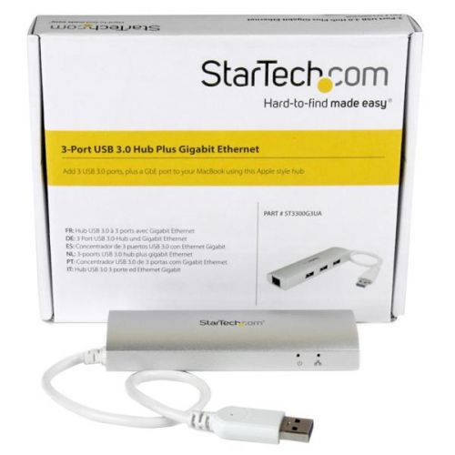 Add three USB 3.0 ports (5Gbps) and a GbE port to your MacBook, using this silver, Apple style hub with an extended-length cable.Here’s a must-have accessory for your MacBook. This portable USB 3.0 hub merges your USB peripheral and RJ45 network connections into a single, convenient combination hub. It gives you two vital connection types that are often missing from modern, port-limited laptops.This silver, sandblasted USB hub matches the finish of your MacBook, and because it features a solid-aluminium casing that’s both lightweight and rugged, it’s perfect for travel usage. It also integrates a lengthier, 27 cm (10.5 in) cable, so you have the flexibility to place the hub, your devices, and your network connection, exactly where you need them.Looks great while expanding your connectivity.This high-quality, Apple style USB hub features a Gigabit Ethernet port, giving you an easy way to expand your MacBook connectivity. And because the hub integrates a Gigabit Ethernet port, you can add wired network connectivity to your laptop in a location where Wi-Fi® is unreliable or unavailable.The hub’s built-in USB cable has sufficient length to reach your laptop’s USB 3.0 port, regardless of where the port is located.Plus, the stylish hub features three USB 3.0 (also known as USB 3.1 Gen 1) ports in a compact housing. And, its silver, sandblasted finish provides a unique and trendy look when compared to traditional hubs.Portable and rugged.The hub features a rugged yet lightweight housing, so there’s no need to sacrifice dependability for portability. With its compact, USB-powered design and a built-in USB cable, you can tuck the combination hub neatly into your travel bag, and avoid the nuisance of carrying multiple separate adapters.This USB 3.0 hub is perfect for travel, such as back-and-forth trips from home to office. Plus, the compact hub takes up minimal space on a desk, so you can use it in hot-desk or BYOD (Bring Your Own Device) environments.Save money and time.This bus-powered USB hub installs quickly and easily, and it’s natively supported in Windows®, Mac, and Chrome OS™, with no additional drivers or software required. You can also avoid the nuisance and cost of purchasing new devices by using the USB 3.0 hub plus GbE with your current USB 2.0 and 1.x devices.The ST3300G3UA is backed by a StarTech.com 2-year warranty and free lifetime technical support.