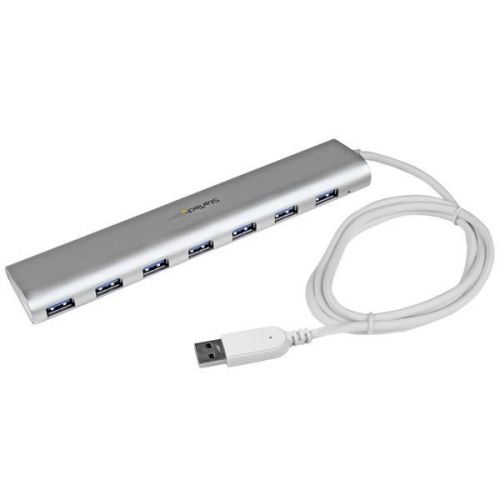 Add seven USB 3.0 (5Gbps) ports to your MacBook, using this silver, Apple style hub with an extended-length cable.This compact, 7-port USB 3.0 hub is tailored to match the stylish design of your MacBook. It features a sleek, silver sandblasted housing that looks great next to your Apple laptop. And, because the hub is designed with a solid-aluminium casing, it provides the lightweight durability that’s ideal for either travel or desktop usage.Looks great while expanding your connectivity.This high-quality, Apple style USB hub gives you an easy way to expand your MacBook connectivity. It provides seven USB 3.0 (also known as USB 3.1 Gen 1) hub ports in a compact housing. With more ports, you have more scalability to connect extra USB devices. Plus, you can leave your devices plugged in, so they’re ready to use when you need them.The 7-port USB 3.0 hub offers a silver sandblast finish that provides a unique and stylish appearance, making the hub look as trendy and contemporary as your MacBook, Ultrabook, or laptop.The hub features a built-in, 98 cm (38 in) cable that is longer than what most traditional hubs offer. The extended-length cable gives you the flexibility to place the hub and your devices exactly where you want them, and it ensures the hub can connect to your laptop or tablet regardless of where the laptop’s USB 3.0 port is located.Compact and rugged.This compact hub features seven ports with plenty of space between each port, unlike some USB 3.0 hubs that jam multiple ports into a tightly-packed space which makes it difficult to connect multiple devices to adjacent hub ports. With extra port spacing, you can connect devices and cables that have larger connectors, without sacrificing the hub’s small footprint design.The rugged aluminium housing offers dependable protection, so the hub is perfect for travel, such as back-and-forth trips from home to office. Plus, the compact hub takes up minimal space on a desk, so you can use it in hot-desk or BYOD (Bring Your Own Device) environments.Save money and time.The easy-to-use hub is plug-and-play and hot-swap compatible, so you can install it quickly, with no additional drivers or software required. It includes a power adapter as well, so you can rest assured that you can connect virtually any USB 3.0 peripheral, even devices with high power requirements. Plus, you can also avoid the nuisance and cost of purchasing new devices by using the USB 3.0 hub with your current USB 2.0 and 1.x devices.The ST73007UA is backed by a StarTech.com 2-year warranty and free lifetime technical support.