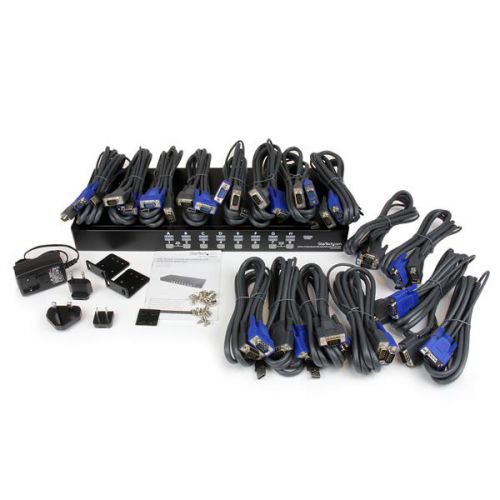 8ST10012680 | The SV1631DUSBUK 16 Port 1U Rack Mount USB KVM Switch Kit with OSD and Cables offers a well-appointed KVM switch that includes all of the cables and accessories required to connect to 16 servers or PCs right out of the box, making setup convenient and simple.The USB KVM delivers a dependable computer management tool that allows you to control up to 16 USB-connected computers from a single keyboard, mouse and display, providing maximum control through hotkey command-based switching or front panel push-buttons, with the added configurability and convenience of an On-Screen Display.A suitable addition to server room operations, the 16-port switch can be rack mounted into 1U of cabinet space and can be cascaded with multiple KVM switches to enable control of up to 136 computers from this single switch.This product is TAA compliant and backed by a Startech.com 3-year warranty with free lifetime technical support.