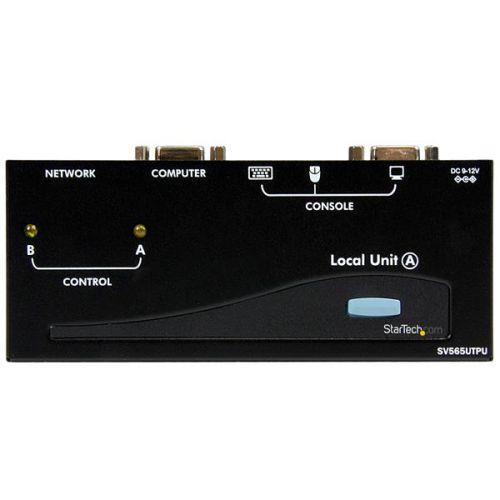The SV565UTPUGB USB VGA KVM Console Extender over CAT5 UTP (500 ft) lets you control a server, computer or multiple computers (connected through KVM Switch) over a standard Cat5 or Cat6 UTP network cable connection, at distances of up to 500 ft (150 m) away. PC connection cables are included with this product for a ready out of the box solution.You can use your existing keyboard, mouse, and monitor to access both the server room and your office computer, saving space and avoiding the need for a dedicated remote console by allowing you to switch between workstation view and KVM view at the remote location.This product is TAA compliant and backed by a Startech.com 2-year warranty with free lifetime technical support.