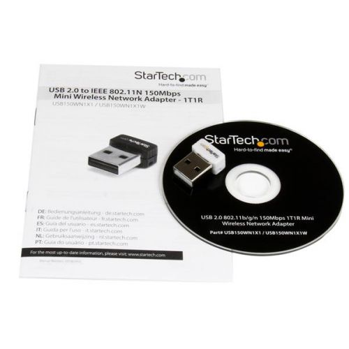 8STUSB150WN1X1W | The USB150WN1X1W USB Wireless Network Adapter lets you add high-speed Wireless-N connectivity to a desktop or laptop system through USB.Using a 1T1R (1 Transmitter/1 Receiver) design over the 2.4GHz frequency, the USB WiFi adapter is capable of data transfer rates up to 150Mbps over an 802.11n network. The adapter uses a small form factor design that makes it conveniently portable and unobtrusive, when connected to a computer - it can even be left connected your laptop when in a carrying bag, without worry of damaging the adapter or the host port.Backward compatible with 802.11b/g networks (11/54Mbps), this USB wireless adapter is a versatile wireless networking solution, offering support for security options such as WEP, WPA or WPA2, as well as wireless Quality of Service (QoS) support and quick device connection through Wireless Protected Setup (WPS).