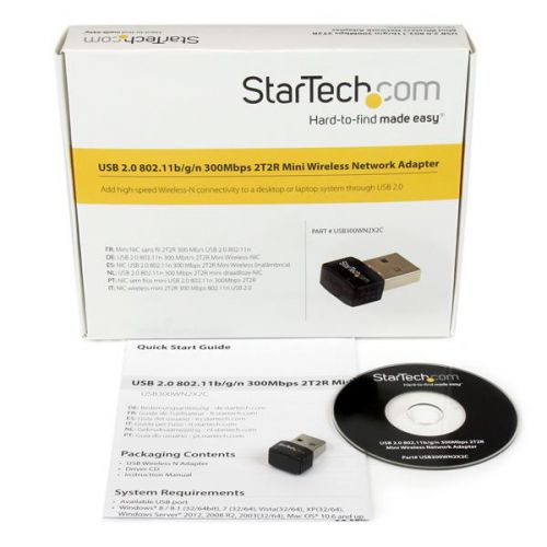 8STUSB300WN2X2C | The USB300WN2X2C USB Wireless Network Adapter lets you add 300 Mbps Wireless-N connectivity to your desktop or laptop system through USB 2.0. With a compact, lightweight design, the adapter is extremely portable, and is unobtrusive when connected to your system - you can even leave it connected to your laptop when in a carrying bag, without worrying about damaging the adapter or the host port while on the move.The USB wireless adapter is capable of data transfer rates up to 300Mbps over a 2.4GHz 802.11n WiFi network (backward compatible with 802.11b/g), through a 2 Transmitter / 2 Receiver antenna design. The adapter also supports security options such as WEP, WPA or WPA2, as well as quick device connection through Wireless Protected Setup (WPS), for a reliable and secure connection.