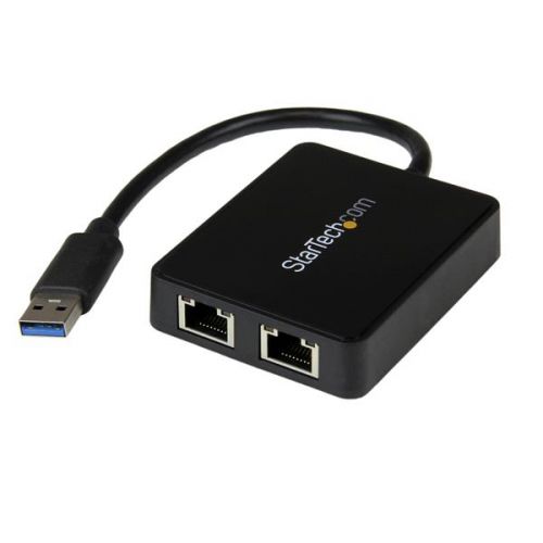 The USB32000SPT USB 3.0 to Dual Port Gigabit Ethernet Adapter lets you add two Gigabit Ethernet ports to your laptop or Ultrabook™ computer through a single USB 3.0 port, and features an integrated USB 3.0 pass-through port that keeps your USB port available for use with external storage or other peripherals. Each RJ45 port supports 10/100/1000 Mbps Ethernet and is fully compatible with IEEE 802.3i/u/ab standards.This 2-port USB LAN adapter is a versatile solution for connecting to two separate physical networks simultaneously, leveraging the 5 Gbps speed of USB 3.0 to provide dedicated gigabit bandwidth to each port. The dual USB NIC is also ideal for providing dedicated physical network interfaces to virtual machine configurations. Great for IT administrators that require dual-homed or multi-homed host systems.The USB 3.0 NIC supports IPv4/IPv6 packet Checksum Offload Engine (COE) and TCP large send offload to reduce the load on your CPU, as well as Jumbo Frames, full-duplex operation with 802.3x flow control, and VLAN tagging for an efficient and full-featured USB network adapter.Backed by a StarTech.com 2-year warranty and free lifetime technical support.