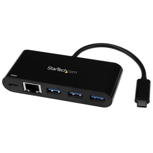 Connect to a GbE network plus add three USB Type-A ports and PD Charging through your laptop’s USB-C port.Add powerful connectivity to your USB-C enabled laptop, tablet or desktop computer. Ideal for mobile use, this USB-C to Ethernet adapter plugs into your USB-C or Thunderbolt™ 3 port to provide wired network access, and gives you three USB 3.0 Type-A ports to connect your peripheral devices. Plus you can charge your laptop as you work. It makes a great companion for your MacBook, Chromebook Pixel™, Dell™ XPS 12, or other device.Access reliable Gigabit network connections.Gain a wired internet connection virtually anywhere you go. The USB-C network adapter provides an Ethernet port that supports full Gigabit bandwidth by harnessing the performance of USB 3.0 (5 Gbps), also known as USB 3.1 Gen 1. You can connect to a network in locations where Wi-Fi® is unavailable or unreliable, and quickly access large files over the network at Gigabit speed.Enhance productivity with a 3-port USB hub.Some USB Type-C laptops, tablets and computers have only one port for external connectivity, which limits the number of peripheral devices you can use. This USB-C Ethernet adapter features a built-in hub with three USB Type-A ports, giving you the freedom to attach additional devices, such as a USB mouse or flash drive. You can expand the number of USB ports you have to enhance your productivity.Gain easy portability.Travel-sized and self-powered, this USB-C network adapter and hub provides easy portability, tucking easily into your laptop bag and eliminating the need to carry a separate Gigabit Ethernet adapter and USB-C to USB-A hub. It’s ideal for mobile use, providing you with wired network connectivity wherever you go, and letting you plug in extra USB peripheral devices. It also has a built-in USB-Type-C cable so it’s always there when you need it.Power and charge as you work.The USB-C network adapter lets you power and charge your laptop as you work, while powering the hub at the same time.  The adapter supports Power Delivery 2.0, so instead of carrying multiple power adapters, you can use your laptop’s USB-C power adapter to power both your laptop and network adapter. Note: just make sure your laptop’s USB-C based power adapter supports USB Power Delivery 2.0.Install it with ease.Get up and running quickly. Simply plug the adapter into the USB Type-C™ port on your laptop and connect to your network. It automatically installs once you connect it, and works with a wide range of operating systems such as Windows®, macOS, Linux® and Chrome OS™.The US1GC303APD is backed by a StarTech.com 2-year warranty and free lifetime technical support.