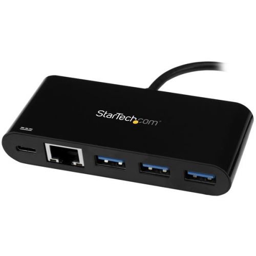 Connect to a GbE network plus add three USB Type-A ports and PD Charging through your laptop’s USB-C port.Add powerful connectivity to your USB-C enabled laptop, tablet or desktop computer. Ideal for mobile use, this USB-C to Ethernet adapter plugs into your USB-C or Thunderbolt™ 3 port to provide wired network access, and gives you three USB 3.0 Type-A ports to connect your peripheral devices. Plus you can charge your laptop as you work. It makes a great companion for your MacBook, Chromebook Pixel™, Dell™ XPS 12, or other device.Access reliable Gigabit network connections.Gain a wired internet connection virtually anywhere you go. The USB-C network adapter provides an Ethernet port that supports full Gigabit bandwidth by harnessing the performance of USB 3.0 (5 Gbps), also known as USB 3.1 Gen 1. You can connect to a network in locations where Wi-Fi® is unavailable or unreliable, and quickly access large files over the network at Gigabit speed.Enhance productivity with a 3-port USB hub.Some USB Type-C laptops, tablets and computers have only one port for external connectivity, which limits the number of peripheral devices you can use. This USB-C Ethernet adapter features a built-in hub with three USB Type-A ports, giving you the freedom to attach additional devices, such as a USB mouse or flash drive. You can expand the number of USB ports you have to enhance your productivity.Gain easy portability.Travel-sized and self-powered, this USB-C network adapter and hub provides easy portability, tucking easily into your laptop bag and eliminating the need to carry a separate Gigabit Ethernet adapter and USB-C to USB-A hub. It’s ideal for mobile use, providing you with wired network connectivity wherever you go, and letting you plug in extra USB peripheral devices. It also has a built-in USB-Type-C cable so it’s always there when you need it.Power and charge as you work.The USB-C network adapter lets you power and charge your laptop as you work, while powering the hub at the same time.  The adapter supports Power Delivery 2.0, so instead of carrying multiple power adapters, you can use your laptop’s USB-C power adapter to power both your laptop and network adapter. Note: just make sure your laptop’s USB-C based power adapter supports USB Power Delivery 2.0.Install it with ease.Get up and running quickly. Simply plug the adapter into the USB Type-C™ port on your laptop and connect to your network. It automatically installs once you connect it, and works with a wide range of operating systems such as Windows®, macOS, Linux® and Chrome OS™.The US1GC303APD is backed by a StarTech.com 2-year warranty and free lifetime technical support.