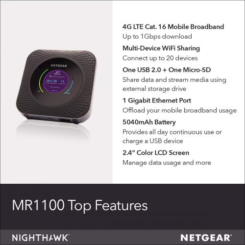 Advance the way you WiFi on-the-go – the Nighthawk M1 Mobile Router by NETGEAR is the world’s first commercial Gigabit Class LTE Mobile Router to achieve maximum download speeds of 1 Gbps, bringing our mobile broadband experience to unparalleled new heights. Combining ultrafast download speeds, support for Cat. 16 LTE Advanced and 4-band Carrier Aggregation into one device, this premium Mobile Router provides the best Internet connection experience possible whether it is used on-the-go, at home, or during your travels.As an ultimate mobile router fit for travels, the Nighthawk M1 Mobile Router can provide a secure LTE connection to share with up to 20 WiFi devices in your family, stream and play multimedia to keep everyone entertained, and work as a portable base station with Arlo security cameras to monitor your surroundings at any destination. With a simple and intuitive app-driven user experience, parental control options, an improved JumpBoost feature and a long-lasting battery for all day continuous use, the Nighthawk M1 Mobile Router meets Gigabit LTE class at its fullest potential, and delivers a mobile broadband experience like never before.