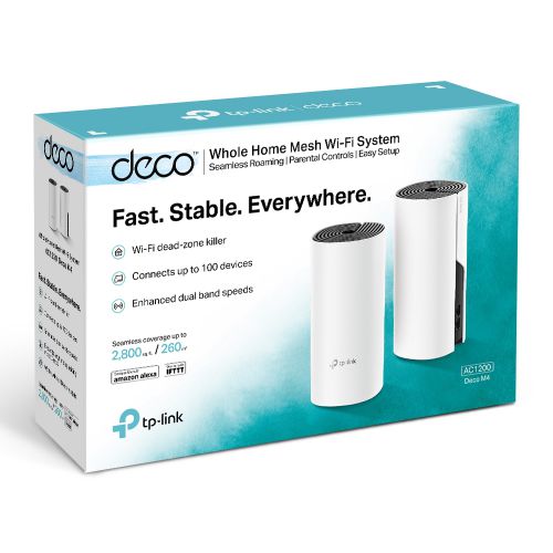 Deco M4 is the simplest way to guarantee a strong Wi-Fi signal in every corner of your home up to 2,800 square feet (2-pack, EU version). Wireless connections and optional Ethernet backhaul work together to link Deco units, providing even faster network speeds and truly seamless coverage. Want more coverage? Simply add another Deco.