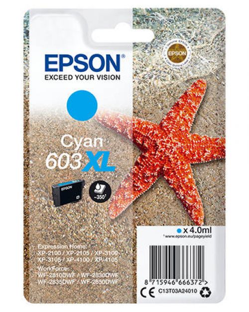Epson 603XL Starfish Cyan High Yield Ink Cartridge 4ml - C13T03A24010  EPT03A24010