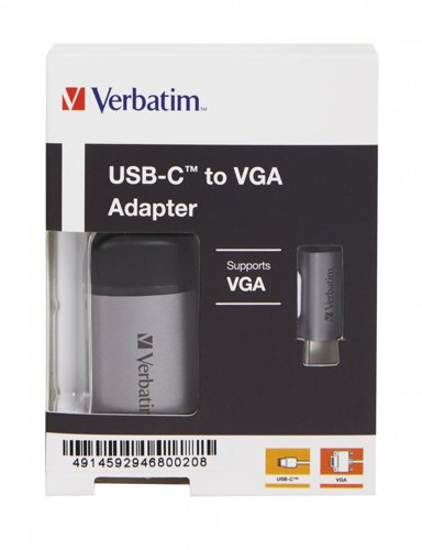 Enhance the productivity of your laptop or MacBook with this Verbatim USB-C to VGA adaptor. Designed for use with modern devices with a limited numbers of ports, this adaptor boasts an incredibly compact and portable design and makes it easy to connect your device to VGA displays or projectors- allowing you to project in 1080p high definition. This adaptor is silver in colour and measures 10cm.