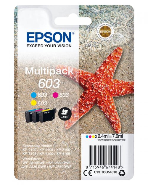 Epson 603 Starfish Cyan Magenta Yellow Standard Capacity Ink Cartridge Multipack 3 x 2.4ml (Pack 3) - C13T03U54010