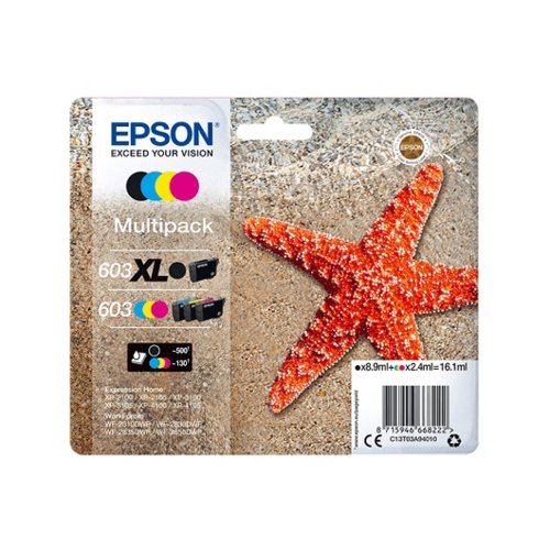Epson 603 Starfish Black Extra High Yield Cyan Magenta Yellow Standard Yield Ink Cartridge 8.9ml 3 x 2.4ml Pack 4 - C13T03A94010