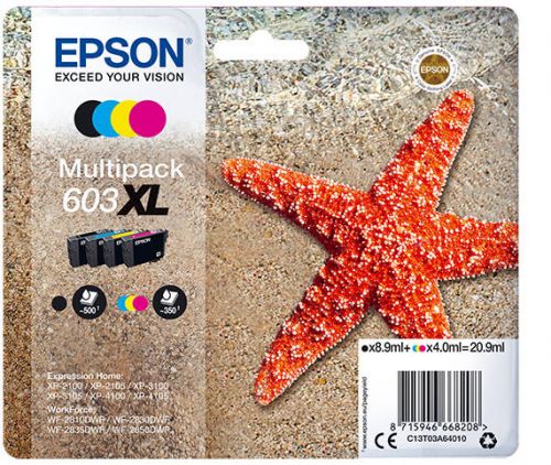 Epson 603XL Starfish Black Cyan Magenta Yellow High Yield Ink Cartridge Multipack 9ml + 3 x 4ml (Pack 4)- C13T03A64010