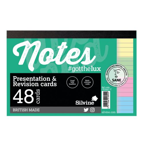 Silvine Revision Presentation And Note Cards Asst Colours Lined With Headline 6X4” 50 Cards