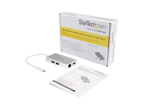 This sleek USB-C Multiport Adapter with HDMI combines the capability of three single-function adapters into a portable docking station for your laptop. You get the convenience of a USB-C to USB adapter, USB-C to Ethernet adapter, and USB-C 4K HDMI adapter all in one portable solution.And, with support for 60W USB Power Delivery 2.0, you can power both the adapter and charge your laptop at the same time.Create a Powerful Workstation.The versatile USB-C adapter lets you create a dual-monitor workstation virtually anywhere, providing 4K Ultra HD (3840 x 2160p) HDMI output with 30 Hz refresh rate and audio, two USB 3.0 ports, and a Gigabit Ethernet port, with support for USB Power Delivery 2.0.The Gigabit Ethernet port with support for Wake-on-LAN (WOL), jumbo frames, VLAN tagging, and Energy-Efficient Ethernet, delivers a reliable wired network connection, ideal for areas with limited Wi-Fi access. Plus, with two additional USB 3.0 ports (USB Type-A) you can connect productivity devices like your mouse and/or flash drive.Designed for Easy Portability.Ideal for mobile use, the compact multiport adapter supports USB Power Delivery 2.0 (PD 2.0), so you can use your laptop’s USB-C power adapter to power both your laptop and the adapter. The adapter also features an integrated extended-length USB-C cable, for added flexibility in connecting to your laptop, which means one less cable to carry with you.The StarTech.com Advantage for Docking StationsMaximum compatibility - StarTech.com has a docking station to fit every operating system, laptop brand, and connectivity needGet more done faster - More ports and more displays Maximise end user connectivity and productivityQuick installation - eliminate deployment headaches that waste time and frustrate end usersIT Grade quality - trusted by IT pros around the world for our rigorous in-house product testing, robust compliance, and lifetime multilingual technical supportThe DKT30CHPDW is backed by a StarTech.com 3-year warranty and free lifetime technical support.Note: To ensure full adapter functionality, your laptop’s USB-C port must support USB Power Delivery and DP alt mode.