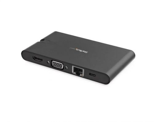 Add video output, three USB 3.0 ports, SD/micro SD card readers, and GbE port to your laptop through a single USB-C port.Turn your USB-C™ equipped laptop into a mobile workstation. This sleek, compact USB-C multiport adapter makes it easy to connect your MacBook Pro or Windows laptop to an HDMI or VGA monitor. Power through your workday, with three USB 3.0 (Type-A) ports with Fast-Charge support, SD™ and microSD™ card slots, and a Gigabit Ethernet port.Connect to an external monitor.The universal USB Type-C™ multiport adapter (Thunderbolt 3 port compatible) offers enhanced productivity in the boardroom or classroom. Connect your laptop to one external monitor:4K HDMI (3840 x 2160p @ 30Hz) or VGA (1920 x 1200 @ 60Hz)Charge your laptop and peripherals.With support for USB Power Delivery 3.0 (up to 85W), the USB-C multiport adapter lets you power and charge your laptop, and power your peripherals at the same time. PD 3.0 features Fast Role Swap to prevent USB data disruption when switching power sources (bus power and USB-C power adapter).Connect USB devices.Connect your USB devices using the three USB 3.0 (Type-A) ports. Each USB port is a fast-charge and sync port, to ensure your tablet and smartphone are charged and ready. Each port offers 7.5W of charging power, with a combined total of 10W with all three ports in use.SD/microSD card access.Access the SD and microSD slots at the same time, and easily move data from one card to the other.Easy portability.For mobile use, the USB-C adapter is bus-powered and lightweight, with a wraparound USB-C cable.DKT30CHVSCPD is backed by a StarTech.com 3-year warranty and free lifetime technical support.