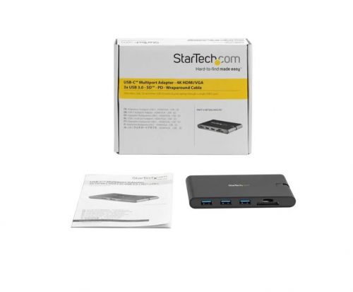 Add video output, three USB 3.0 ports, SD/micro SD card readers, and GbE port to your laptop through a single USB-C port.Turn your USB-C™ equipped laptop into a mobile workstation. This sleek, compact USB-C multiport adapter makes it easy to connect your MacBook Pro or Windows laptop to an HDMI or VGA monitor. Power through your workday, with three USB 3.0 (Type-A) ports with Fast-Charge support, SD™ and microSD™ card slots, and a Gigabit Ethernet port.Connect to an external monitor.The universal USB Type-C™ multiport adapter (Thunderbolt 3 port compatible) offers enhanced productivity in the boardroom or classroom. Connect your laptop to one external monitor:4K HDMI (3840 x 2160p @ 30Hz) or VGA (1920 x 1200 @ 60Hz)Charge your laptop and peripherals.With support for USB Power Delivery 3.0 (up to 85W), the USB-C multiport adapter lets you power and charge your laptop, and power your peripherals at the same time. PD 3.0 features Fast Role Swap to prevent USB data disruption when switching power sources (bus power and USB-C power adapter).Connect USB devices.Connect your USB devices using the three USB 3.0 (Type-A) ports. Each USB port is a fast-charge and sync port, to ensure your tablet and smartphone are charged and ready. Each port offers 7.5W of charging power, with a combined total of 10W with all three ports in use.SD/microSD card access.Access the SD and microSD slots at the same time, and easily move data from one card to the other.Easy portability.For mobile use, the USB-C adapter is bus-powered and lightweight, with a wraparound USB-C cable.DKT30CHVSCPD is backed by a StarTech.com 3-year warranty and free lifetime technical support.