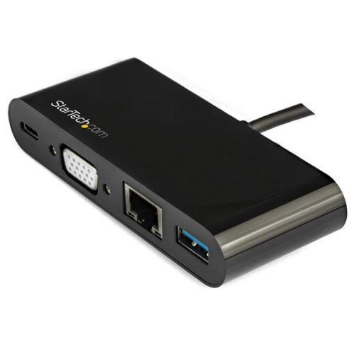 Power and charge your laptop, and create a workstation by connecting to a VGA monitor, GbE, and a USB 3.0 device.Expand the connectivity of your USB-C™ laptop with this USB-C VGA multiport adapter. It connects to your USB-C or Thunderbolt™ 3 port to add VGA video output, a USB 3.0 (Type-A) port with Fast-Charge capability plus a Gigabit Ethernet network connection. Mac, Windows® and Chrome OS™ compatible, it’s the ideal accessory for your MacBook, laptop, tablet, Chromebook, smartphone or other USB-C device (with support for DisplayPort Alt Mode).Connect to a VGA monitor to give presentations.This USB-C adapter lets you connect your USB-C laptop or device to an external VGA monitor or projector to give engaging presentations in the boardroom, classroom, or meeting room. It supports HD video resolutions up to 1920 x 1200p @ 60Hz.Create a portable workstation.Compact and durable, the USB-C multiport adapter is ideal for mobile use, eliminating the need to carry multiple adapters with you. Set up a workstation with a Gigabit Ethernet port and a USB 3.0 port to connect an existing USB device, or fast-charge your smartphone or tablet. The adapter features a USB-C port that supports USB Power Delivery 2.0 (60W) so you can use your laptop’s USB-C power adapter to power both your laptop and the multiport adapter.Fast and easy setup.The adapter features an attached cable (5.6 in. / 143 mm) to ensure easy setup and supports plug-and-play installation, with no additional software or drivers required.The DKT30CVAGPD is backed by a StarTech.com 3-year warranty and free lifetime technical support.