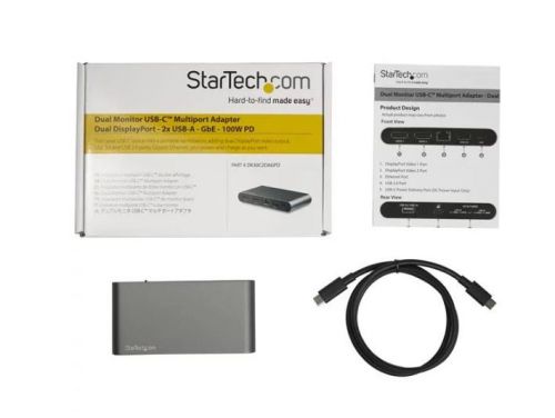 Transform your Windows laptop into a dual monitor workstation using this USB-C docking station. It offers support for dual DisplayPort monitors, 2 USB-A peripherals, a LAN port for GbE network access and an extended 1-meter host cable.DisplayPort™ Alternate Mode to Choose Your Video Display Output.Achieve dual 1080p up to a single 4K 60Hz display using the DisplayPort™ Alternate Mode (DP Alt-Mode) configuration switch.Reliable 100W Power Delivery Passthrough.The USB-C multiport adapter uses your USB-C laptop’s power adapter and can provide up to 100W Power Delivery (3.0) pass through with up to 85W for your host device for charging. The remaining wattage will power the docking station along with any attached USB-A peripherals such as smartphones and tablets.Multi-Stream Transport for Driverless Displays.The multi-stream transport technology (MST) in this dock powers two DisplayPort monitors with no driver installation required so you are up and running faster.Comprehensive Product Testing & Expert Technical Support.StarTech.com conducts thorough compatibility and performance testing on all our products to ensure we are meeting or exceeding industry standards and providing high-quality products to our customers. Our local StarTech.com Technical Advisors have a broad product expertise and work directly with StarTech.com Engineers to provide support for our customers both pre and post-sales.This docking station is backed by a StarTech.com 3-Year warranty and free lifetime technical support.