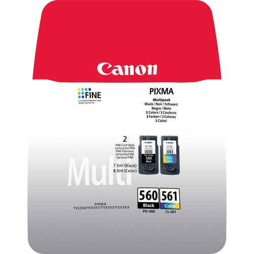 Canon PG560 CL561 Black Tri- Colour Standard Capacity Ink Cartridge Mulitpack 7.5ml + 8.3ml (Pack 2) - 3713C006