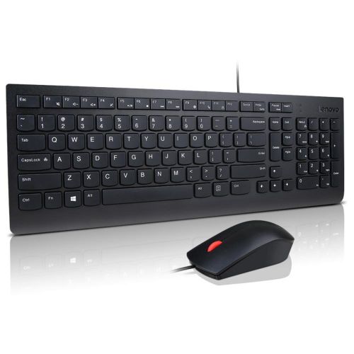 8LEN4X30L79883 | The Lenovo Essential Wired Combo Keyboard & Mouse keeps things simple. This durable keyboard and mouse plugs into any USB port with wired reliability you can count on. The tough waterproof membrane can handle accidental spills without risking performance. Enjoy feel-good typing with quiet keys and number pad in a modern space saving layout. An ergonomic full-size mouse offers comfort and support for all-day use. Increase your productivity as you smoothly complete tasks with the 1000DPI high resolution optical sensor. 