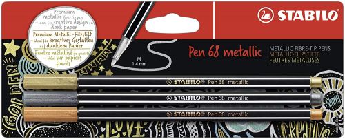 The STABILO Pen 68 metallic’s five elegant shades will add that special shimmer to all of your creations - whether birthday cards, invitations, or creative handlettering.As in the popular Pen 68 fibre-tip pen, the ink is water-based. No need to shake or pump to get the colour to apply properly - simply get started! The robust medium-thickness tip with 1.4 mm line width makes the pen suitable even for delicate drawings and curly lettering.The metallic colours of gold, silver and copper are perfect for festive designs, whilst metallic blue and metallic green bring a touch of freshness to the palette. The excellent coverage means that the colours really stand out on white, coloured or especially dark paper or card. For all DIY enthusiasts and Pen 68 fans.