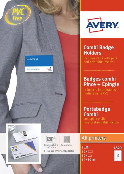 Avery Combi Badge Holders 54x90mm 50 Inserts 50 Holders