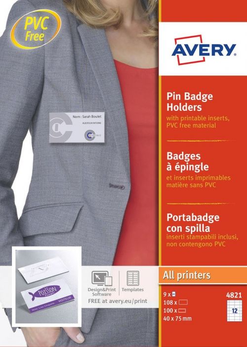 Avery Pin Badge Holders 40mm x 75mm 108 Inserts 100 Holders - 4821