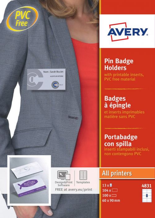 Avery Pin Badge Holders 60x90mm 104 Inserts 100 Holders