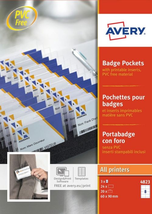 Avery Badge Pockets 60mm x 90mm 24 Inserts 20 Holders