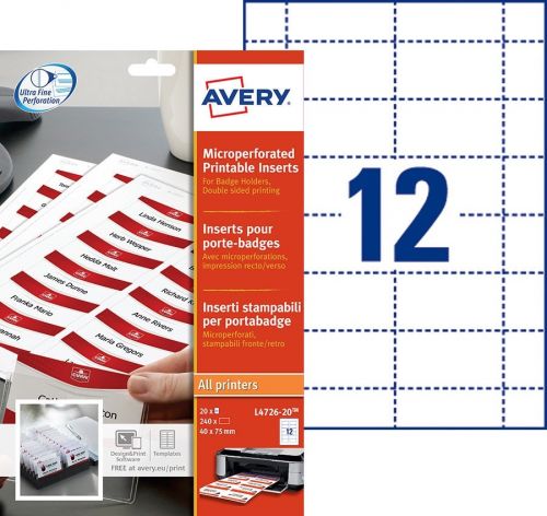 Avery Microperforated Printable Inserts 75mm x 40mm All Printers 240 Labels / 20 sheet - L4726-20