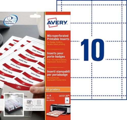 Avery Microperforated Printable Inserts 90mm x 54mm All Printers 200 Labels / 20 sheet - L4727-20