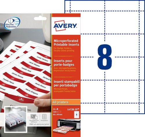 Avery Microperforated Printable Inserts 90mm x 60mm All Printers 160 Labels / 20 Sheet - L4728-20