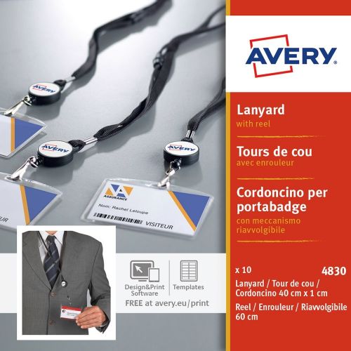 Avery Lanyard Black 40 x 1cm with 60cm Reel (Pack 10) - 4830