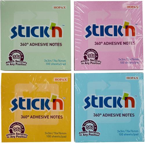 Stickn 360 Sticky Notes 76x76mm 100 Sheets Assorted Colours (Pack 12) 21792 Repositional Notes 42151HP