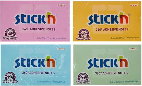 Stickn 360 Sticky Notes 76x127mm 100 Sheets Assorted Colours (Pack 12) 21793 Repositional Notes 42158HP