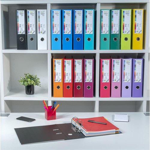 21909EX | Exacompta PremTouch Lever Arch File has a PP covering and is FSC Certified. 320x300mm in size with metal reinforced finger hole and bottom edge.