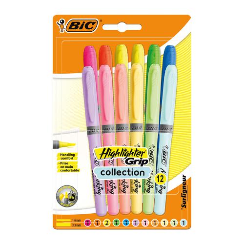 78065BC | Colour code your notes with these Bic Grip Highlighters, which come in assorted colours and pastel colours. They feature a slim barrel that has been designed for comfort during use, with a chisel tip for a 1.6-3.3mm line width. The secure caps prevent the ink from drying out and they have an 8 hour cap off time.