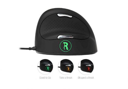 RG49062 | This innovative R-GO HE Break Ergonomic Mouse features software that uses colour signals in green, orange and red to let you know when you should take a short break. During mouse usage the light changes colour like a traffice light. This helps to improve comfort and prevent muscle strain. The vertical shape is designed to help improve circulation and relieve muscle tension, with a more natural and relaxed hand position. This medium, right handed mouse is designed for hands measuring 165 - 185mm.