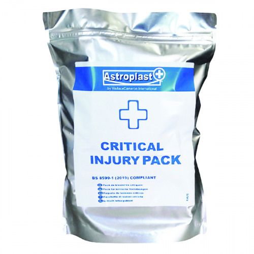 12006WC | The BS 8599-1:2019 Critical Injury Pack includes a tourniquet and haemostatic dressings for use in high-risk environments.The Critical Injury Pack will be contained in a water-resistant tear open pack to allow easy access in situations which require rapid response.Where a high-risk situation is identified, the Critical Injury Pack can be added to existing first aid kits.