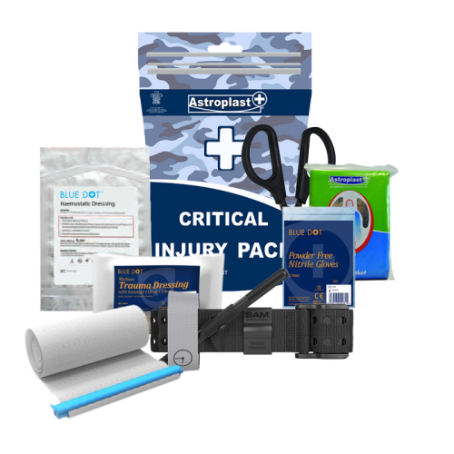 12006WC | The BS 8599-1:2019 Critical Injury Pack includes a tourniquet and haemostatic dressings for use in high-risk environments.The Critical Injury Pack will be contained in a water-resistant tear open pack to allow easy access in situations which require rapid response.Where a high-risk situation is identified, the Critical Injury Pack can be added to existing first aid kits.