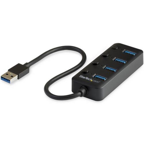 This portable USB 3.0 hub gives you an easy way to add four USB 3.0 Type-A ports to your laptop, with individual power switches to save power. The USB port expander plugs easily into your laptop’s USB Type-A port. Plus, it’s bus-powered for easy portability.