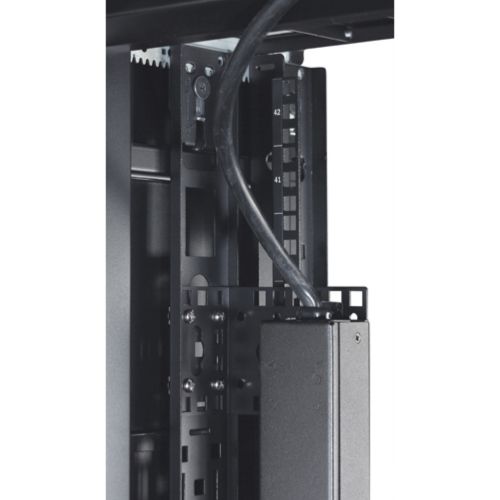 Installs in various locations within the enclosure; for example, on the vertical mounting flanges and on the vertical 0U accessory channels. Provides mounting options for Rack PDUs and other small accessories.
